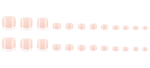 Close-up of 24 pieces of light pink French style press-on toenails with white tips