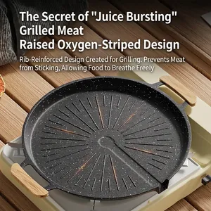 Non-stick Korean BBQ grill pan with maifan stone coating and wooden handles on portable stove