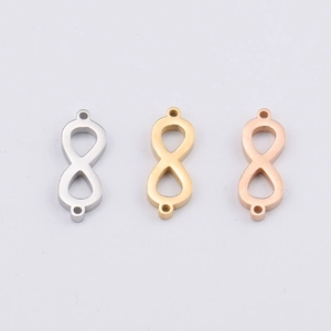 Polished infinity charm connectors in silver, gold, and rose gold for DIY jewelry