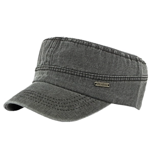 Vintage washed cotton flat top army cap with metal brand badge in dark grey