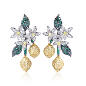Fashionable floral and lemon drop earrings with zircon insets on S925 silver needles