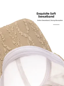 Detail of soft cotton sweatband on striped seersucker baseball cap for moisture wicking