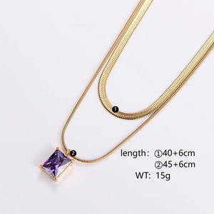 Double-layered 18K gold-plated snake chain necklace with purple zircon pendant charm