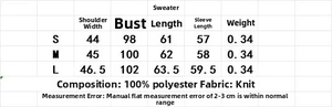 Detailed size chart for the women wool sweater featuring shoulder, bust, and length measurements