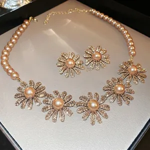 Daisy Flower Rhinestone Necklace And Earrings With Champagne Artificial Pearl Alloy Silver Earring Post Retro Palace Jewelry