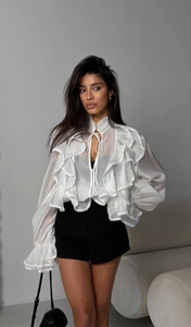 Dettaglio delle maniche a balze bianche e del tessuto in chiffon velato della camicetta