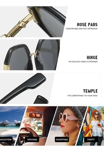 Detail view of stylish oversized sunglasses with durable metal hinges and lifestyle scenes