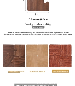 Detailed specs of puzzle-shaped wooden coasters in black walnut, beech, and sapele wood