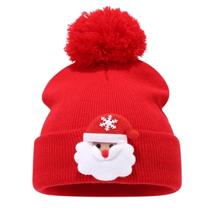 Red Christmas knit beanie with 3D Santa Claus applique and large pompom for winter