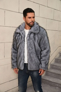 Detail shot of men's faux fur jacket showing gradient grey texture and wide lapel collar