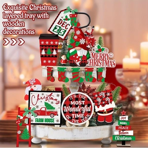Christmas tiered tray decor set featuring wooden Santa, gnome and farmhouse centerpieces
