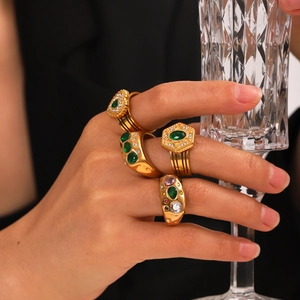 Retro Stainless Steel Open Ring Hammered Texture Inlaid Colorful Zircon Adjustable Gold Plated Fashion Jewelry For Women