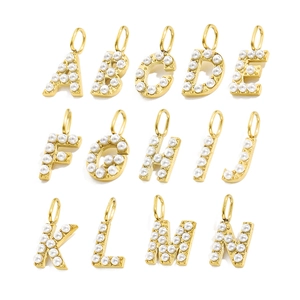 Detailed view of 14K gold plated alphabet charms A-N with pearl inlay DIY pendants