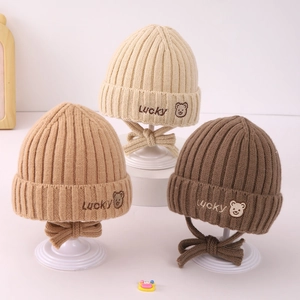 Kids Winter Warm Knit Beanie Hat With Ear Protection Bear Embroidery Lucky Pattern Acrylic Outdoor Windproof For Toddlers