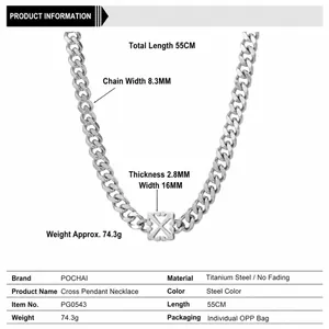 Titanium steel arrow cuban chain necklace in silver finish 55cm length for men