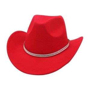 Detail of red wool felt cowboy hat featuring a sparkling silver rhinestone hatband