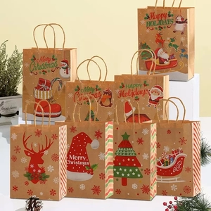 Christmas Gift Bags Kraft Paper With Handles For Party Favors Santa Reindeer Snowman Holiday Candy Packaging Treats