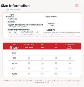 Size chart for high waisted yoga shorts detailing fabric composition and measurements