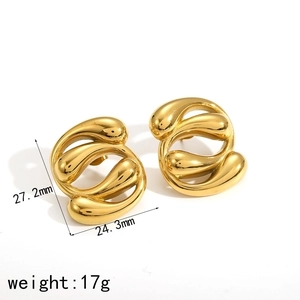 Gold intertwined teardrop earrings in polished stainless steel, 27.2mm height