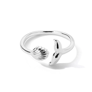 Elegant silver whale tail and seashell open ring with polished finish and adjustable band