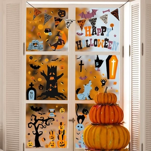 Halloween window clings featuring pumpkins and bats on a glass pane with cozy decor