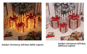 Close-up of three gold wire Christmas gift boxes with LED lights and red bows