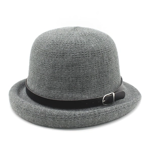 Elegant grey knitted cloche hat with black leather strap and metal buckle for women