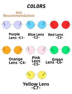 Collection of round metal sunglasses in seven vibrant colors including purple and orange