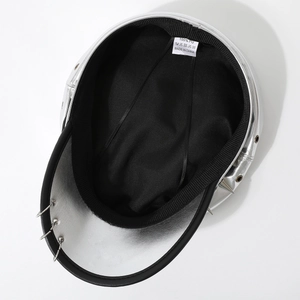 Silver PU leather military hat with punk metal rivets and three buckle rings on the brim