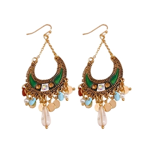 Bohemian gold crescent moon earrings with colorful beads and water drop tassels