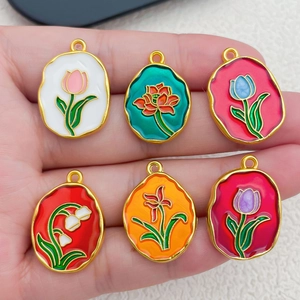 Lot de six pendentifs ovales en émail doré avec motifs floraux pour bijoux DIY