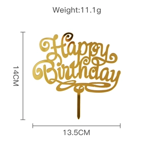 Gold acrylic Happy Birthday cake topper with dimensions 13.5x14cm and 11.1g weight