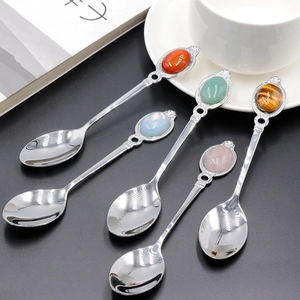 Set of 5 silver stainless steel stirring spoons with assorted natural crystal stone handles
