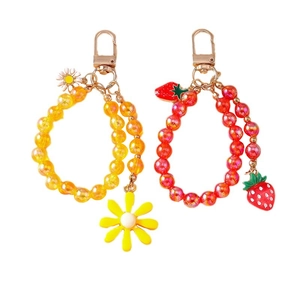 Fashionable strawberry and flower beaded keychains for bags with gold lobster clasps