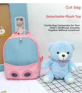 Detail of pink and blue kids backpack with a detachable plush teddy bear and clear windows