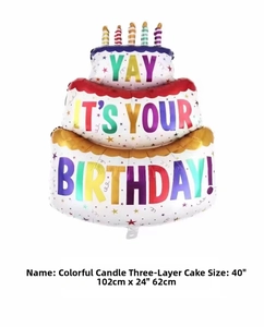 Detailed view of 40-inch three-layer rainbow birthday cake balloon with colorful candles