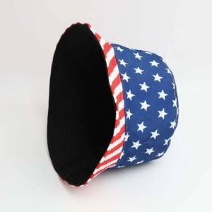 Detail of USA flag pattern bucket hat showing star prints and red white stripes