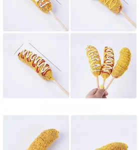 Detailed views of artificial cheese corn dog model with breadcrumbs and sauce 10cm