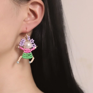 Handmade beaded cartoon figure drop earrings with colorful pearls and alloy hooks