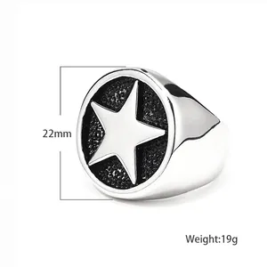 Vintage punk stainless steel star ring for men featuring black textured inlay and 22mm diameter