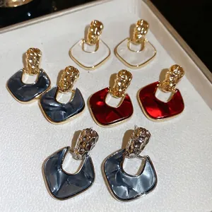 Retro Geometric Dangle Earrings Marbled Acrylic Alloy Hammered Texture With 925 Sterling Silver Earring Post For Women