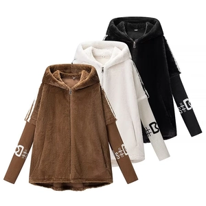 Women Faux Fur Hooded Jacket Zipper Warm Plush Oversized Outwear Ribbed Letter Cuffs Long Sleeve Casual Coat