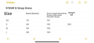 Detailed size chart for ruched camisole dress with adjustable strap measurements