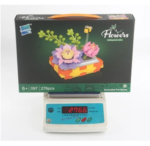 Macro shot of 276-piece succulent building block set on scale weighing 276.6g