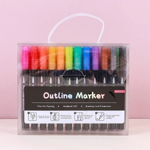 Set of 48 colors double line outline markers in a transparent handle storage box