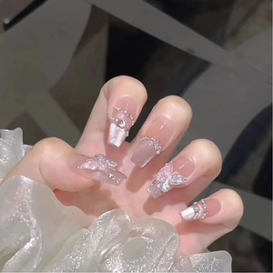 Handmade Press On Nails 3D Butterfly Rhinestone Artificial Pearl Decoration Pink Gradient Cat Eye Effect Elegant Fake Nails For Women