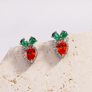Charming silver strawberry stud earrings with red and green cubic zirconia crystals