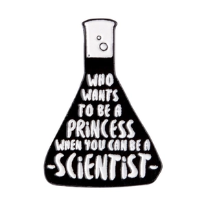 Close-up of conical flask enamel pin with scientific slogan for aspiring scientists