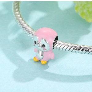 Pink penguin charm on S925 silver snake chain bracelet for DIY jewelry making