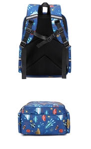 Detail view of boys spaceship school bag showing breathable mesh back and bottom pattern